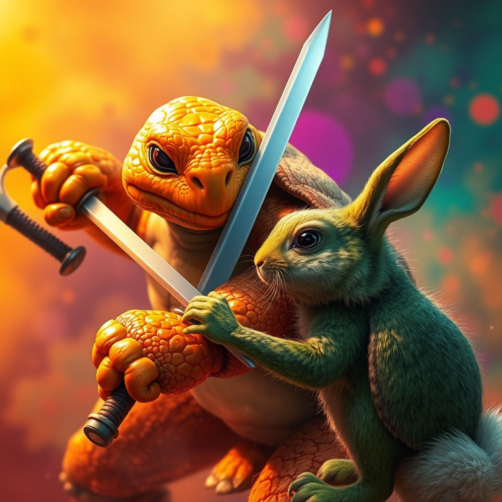 Turtle and Rabbit Sword Fight in Hyperreal Detail