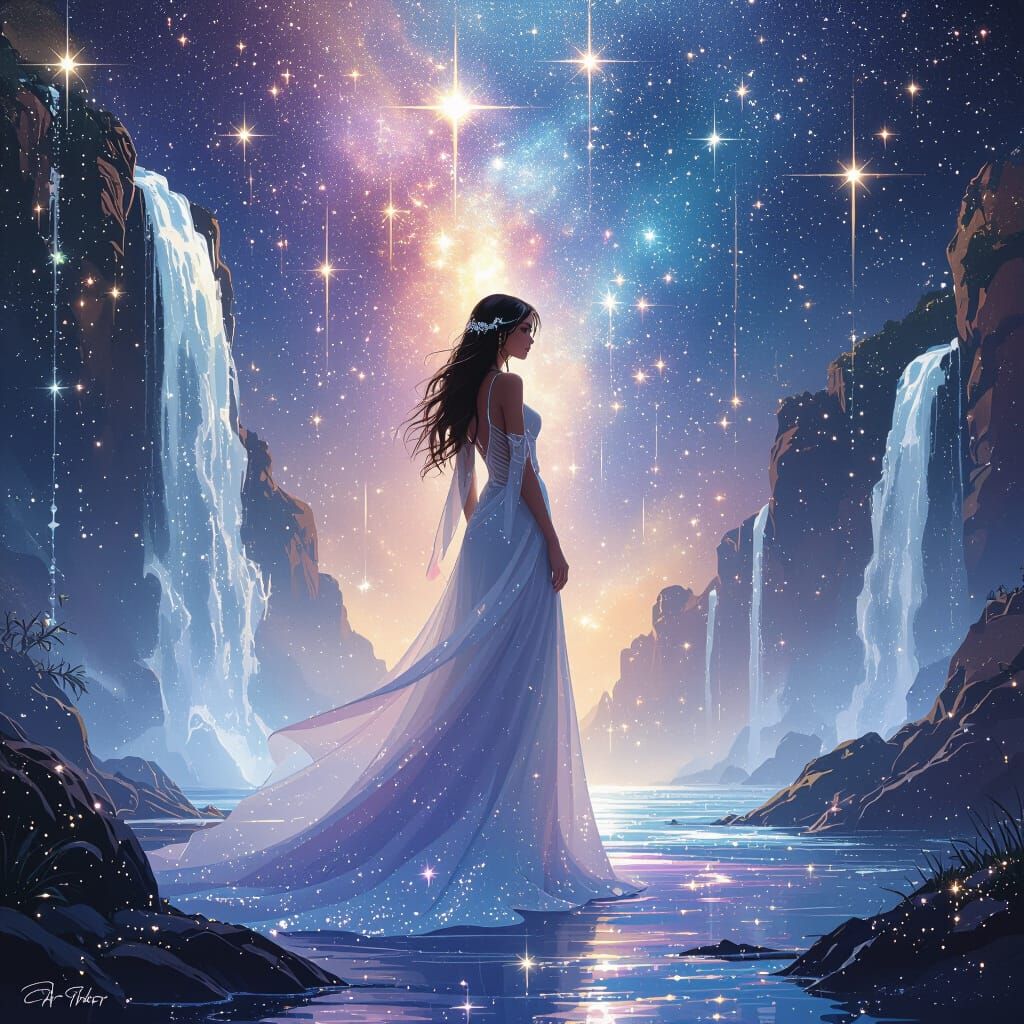 Glitter Galaxy: Majestic Woman Amidst Star Waterfalls