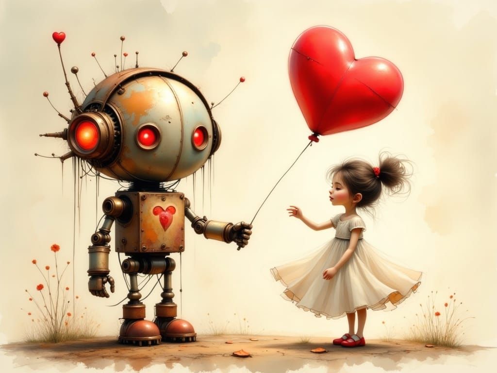 Delicate Watercolor Robot Offers Heart to Young Woman in Ele...