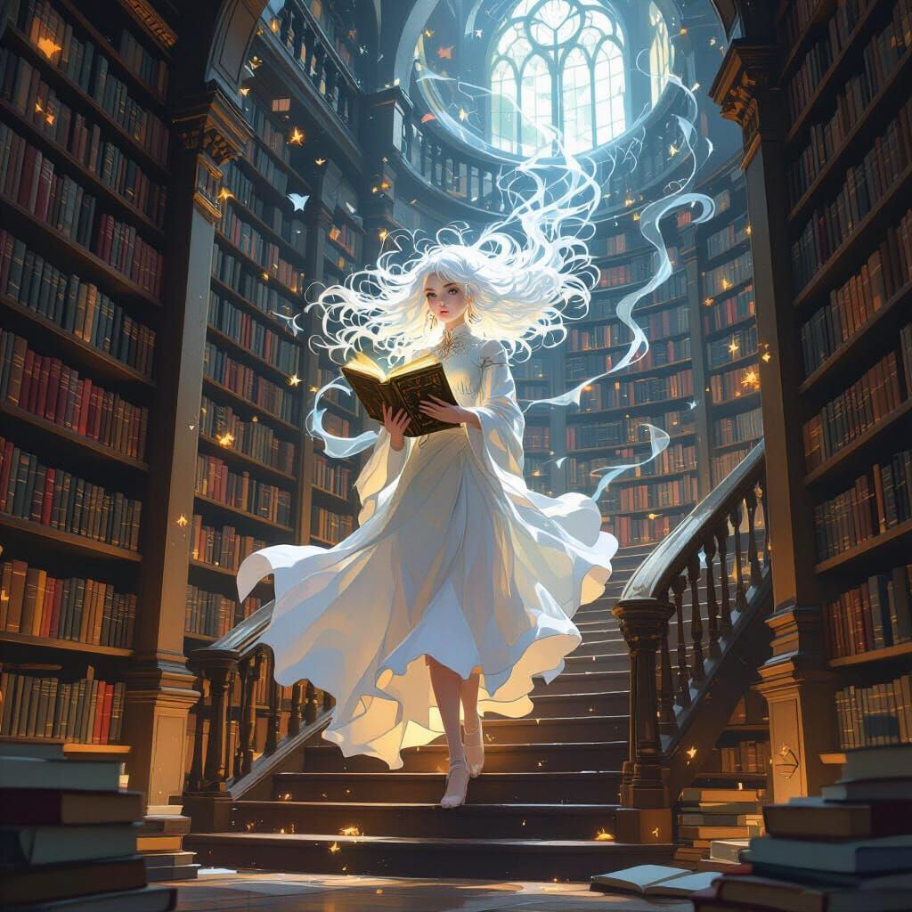 Ethereal Librarian in Magical Library