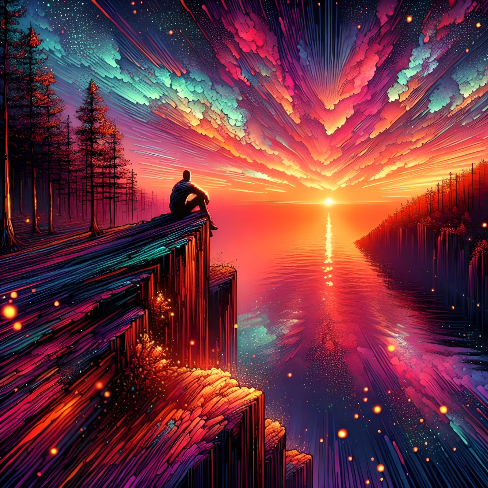 Figure Gazing at Sunset from Cliff Edge