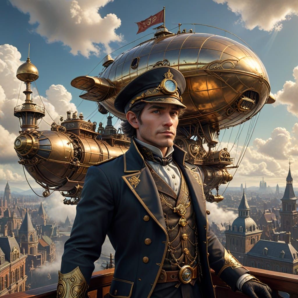 steampunk Michelin airship and elf captain with a monocle and a brass helmet stands proudly on the deck of his vessel, o...