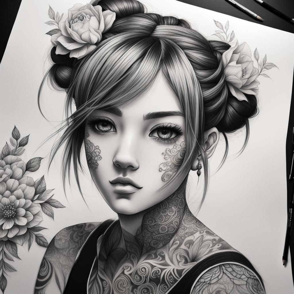Anime Girl with Flower Tattoos: Charcoal Drawing