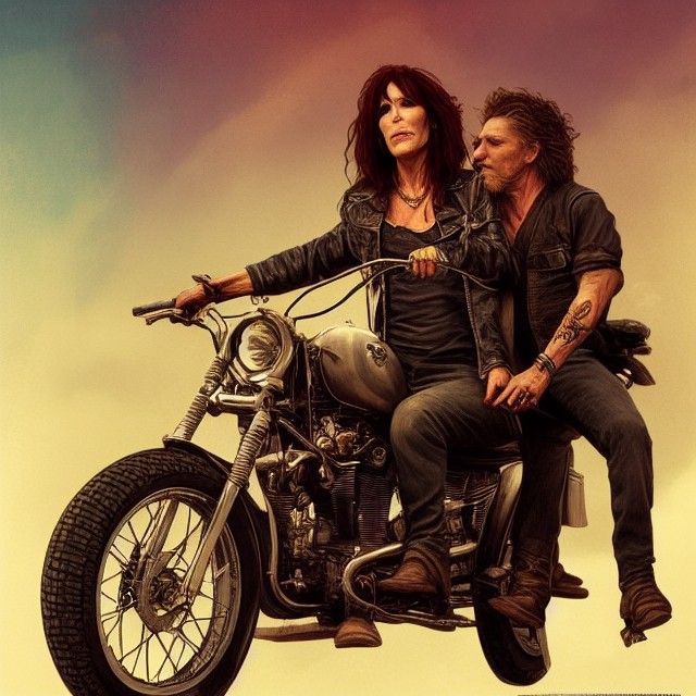 tom waits with Peggy Bundy riding a motorcycle in sons of anarchy, intricate, highly detailed, digital painting, artstat...