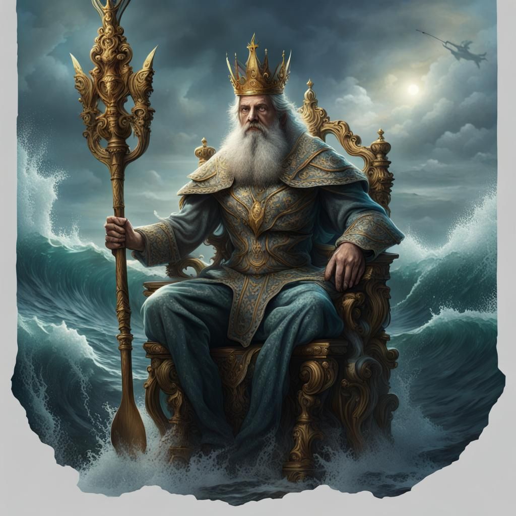 Ocean God on Throne in Fantasy Art Style