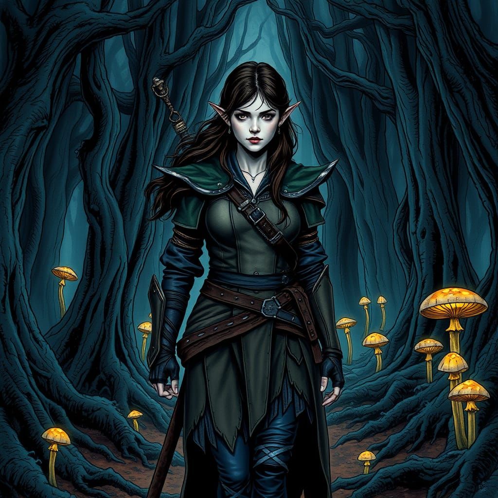 Elvish Warrior in Mystical Forest, Inkpunk Style