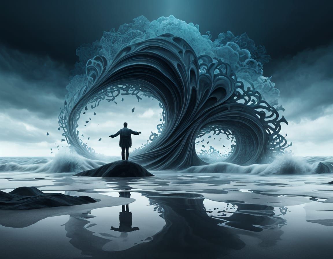 Lonely Figure Embracing Gloomy Beach in Abstract Style