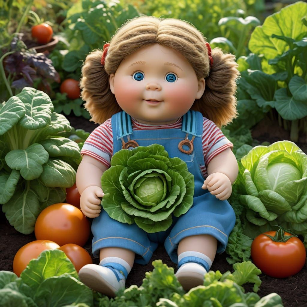 Whimsical Cabbage Patch Garden Scene in Beatrix Potter Style