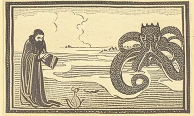 17th Century Woodcut: Praying Man and Octopus Monster