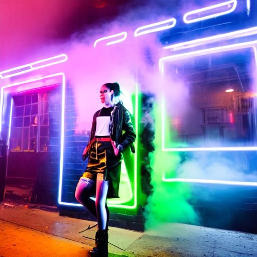 Goth Model in Cyberpunk Coffee Shop with Neon Lights