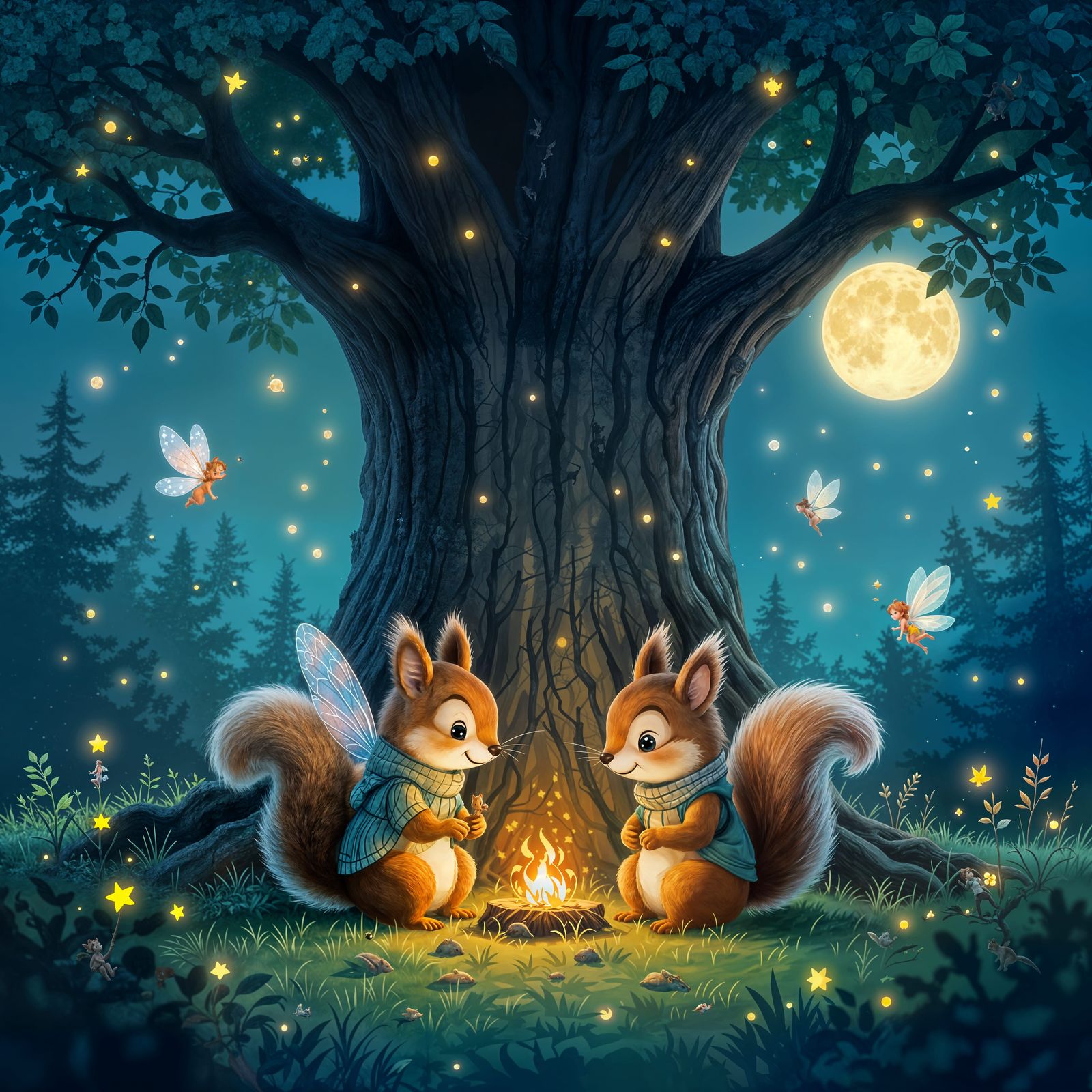 Squirrel Family and Pixies in Enchanted Forest