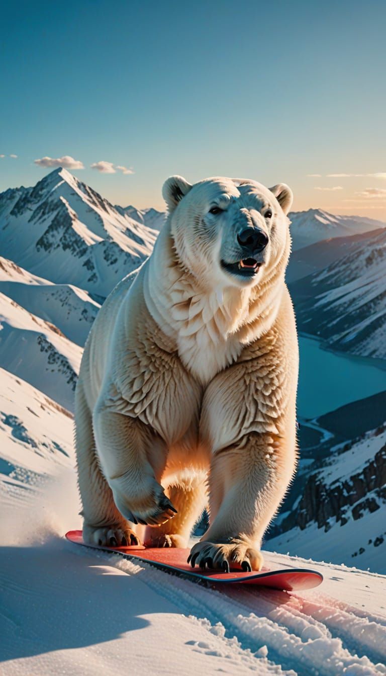 Polar Bear Snowboarding in Sunlit Mountains