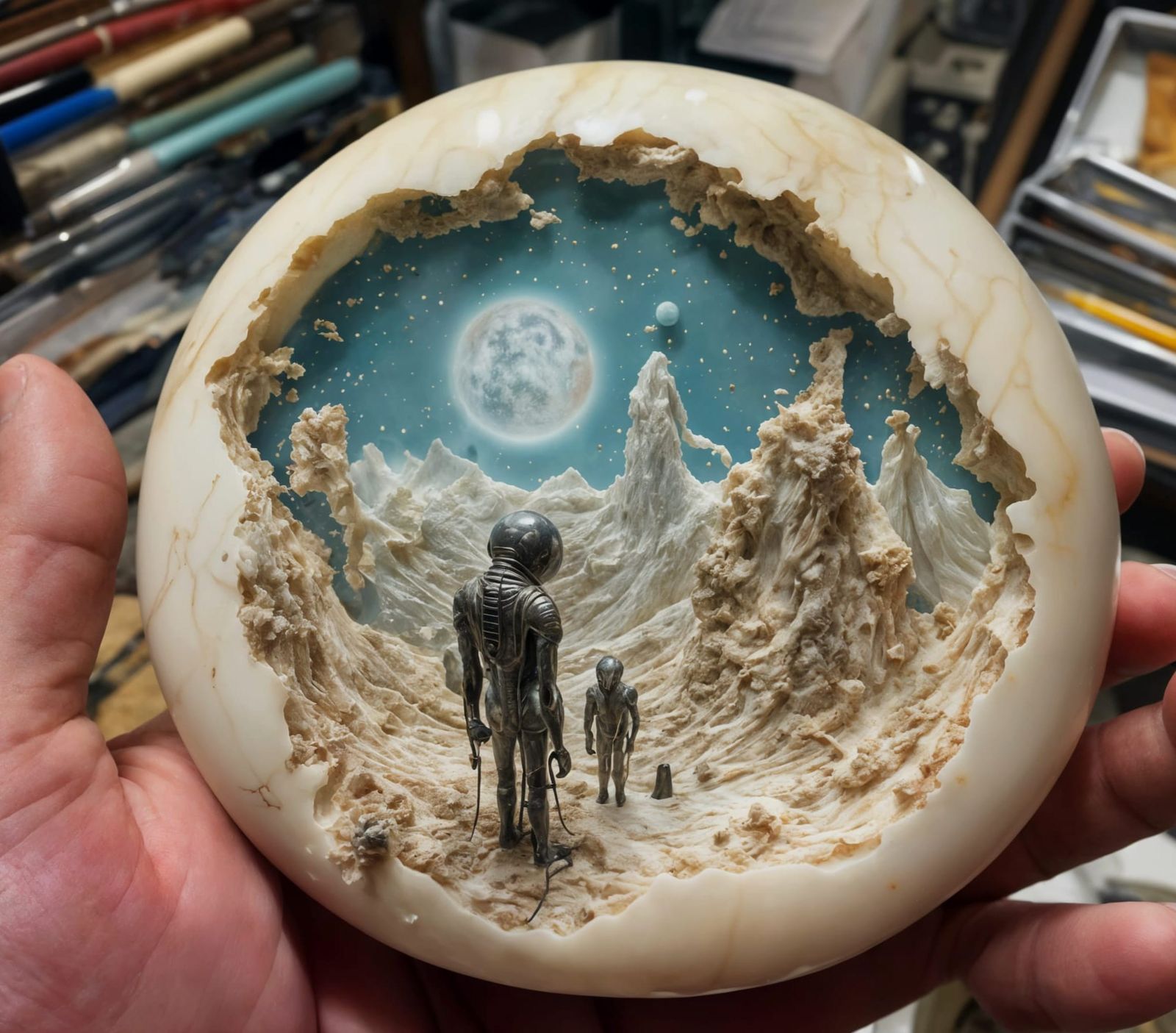 Scrimshaw Carving of an Alien Planet