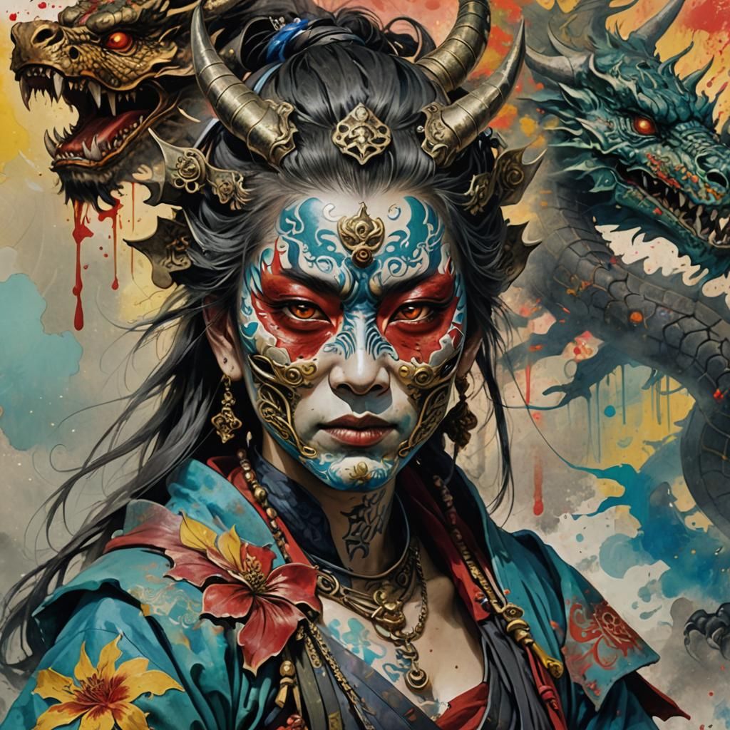Samurai Lady with Oni Mask and Dragon Tattoo