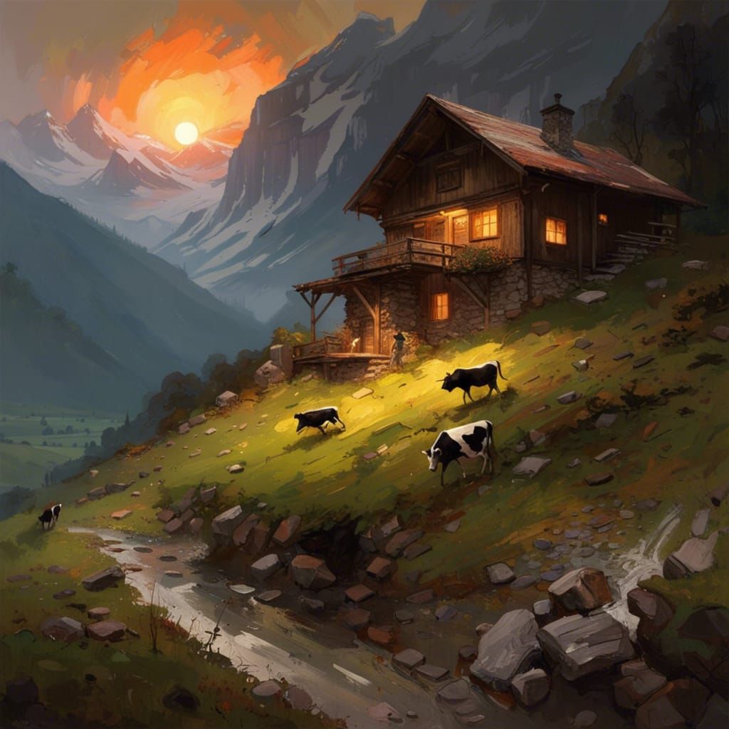 Swiss Alps Cottage at Sunset: Action Painting