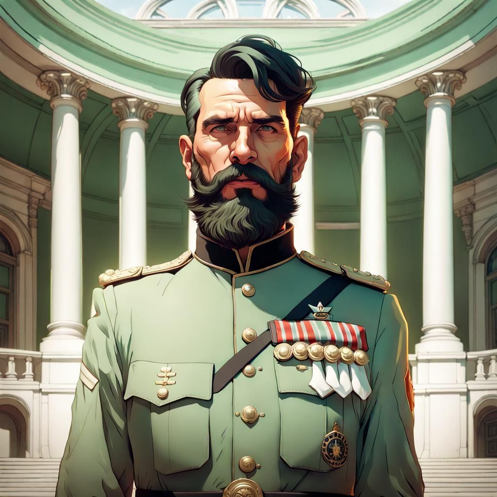 Tattooed Military Man Welcomes Visitors at White Palace