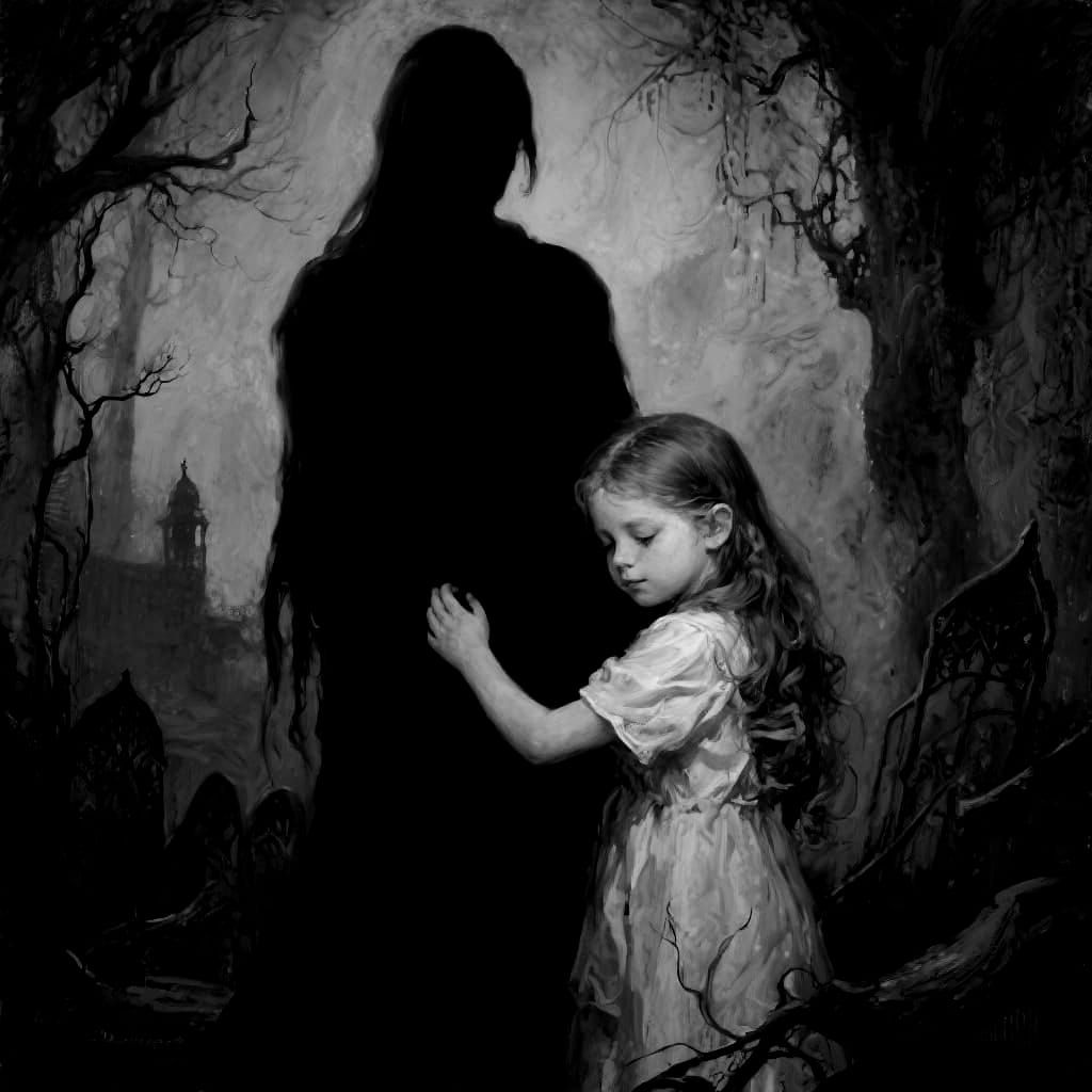 Gothic Oil Painting: Girl Hugs Shadow Figure