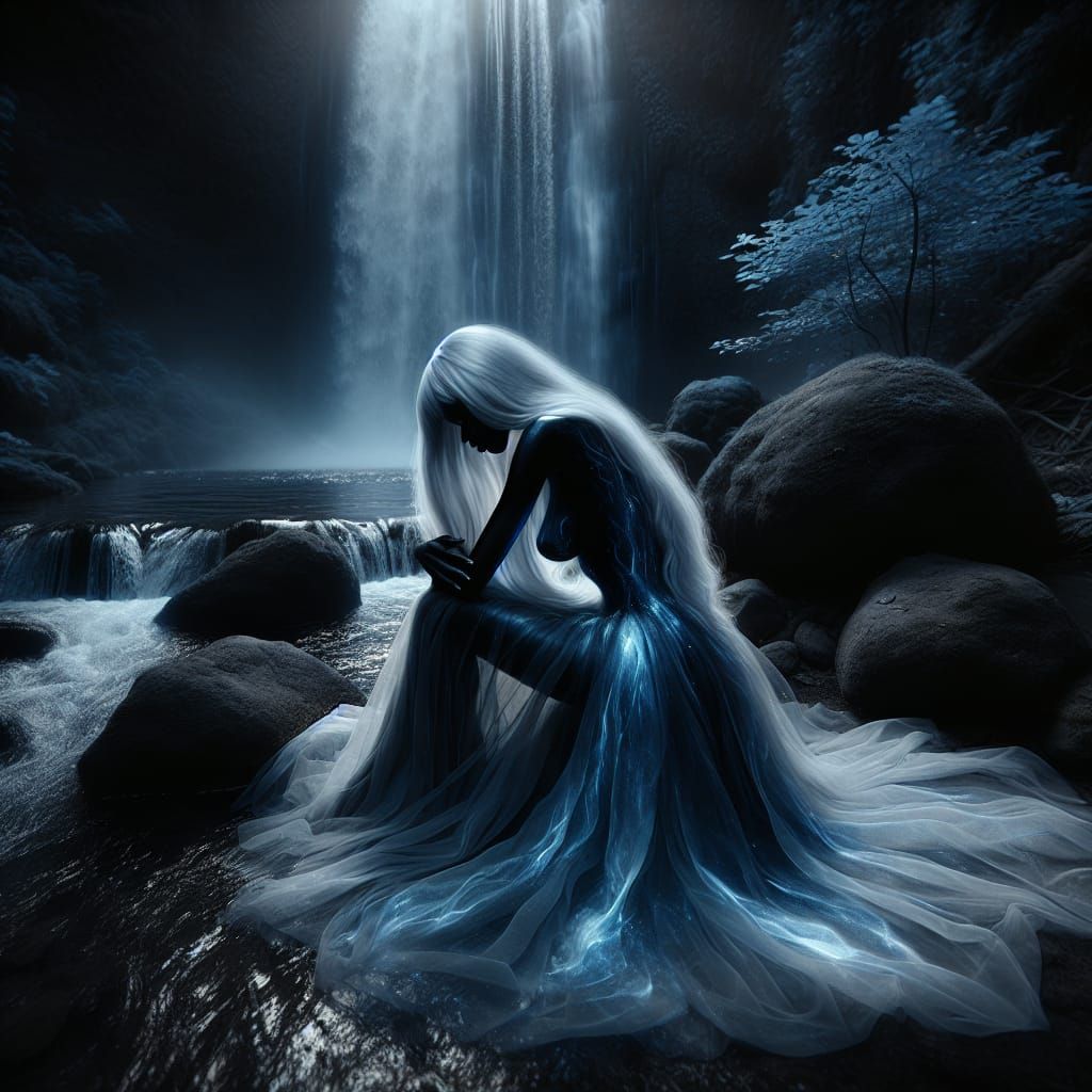 Ethereal Woman by Waterfall in Smokey Blue Light