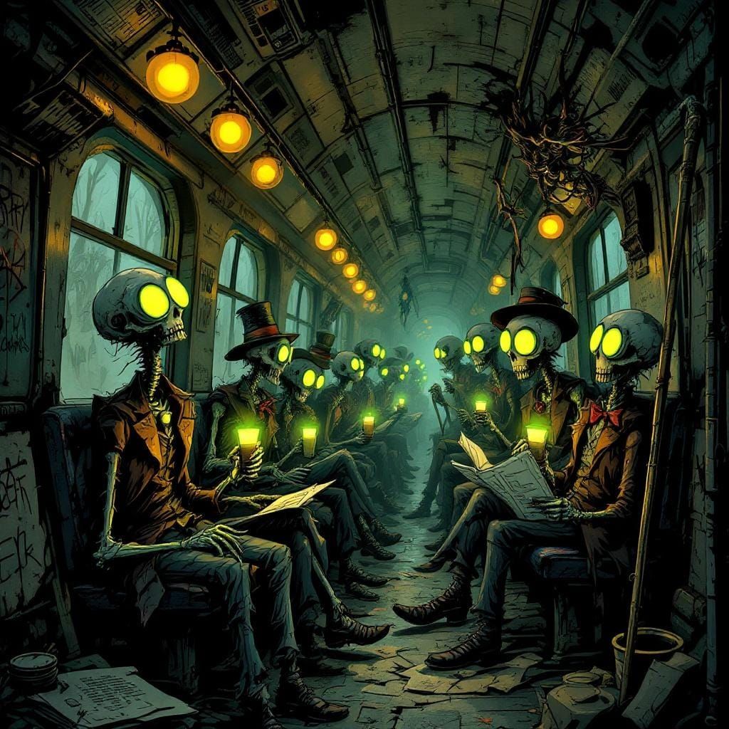 Tim Burton Subway Scene with Skeletal Characters