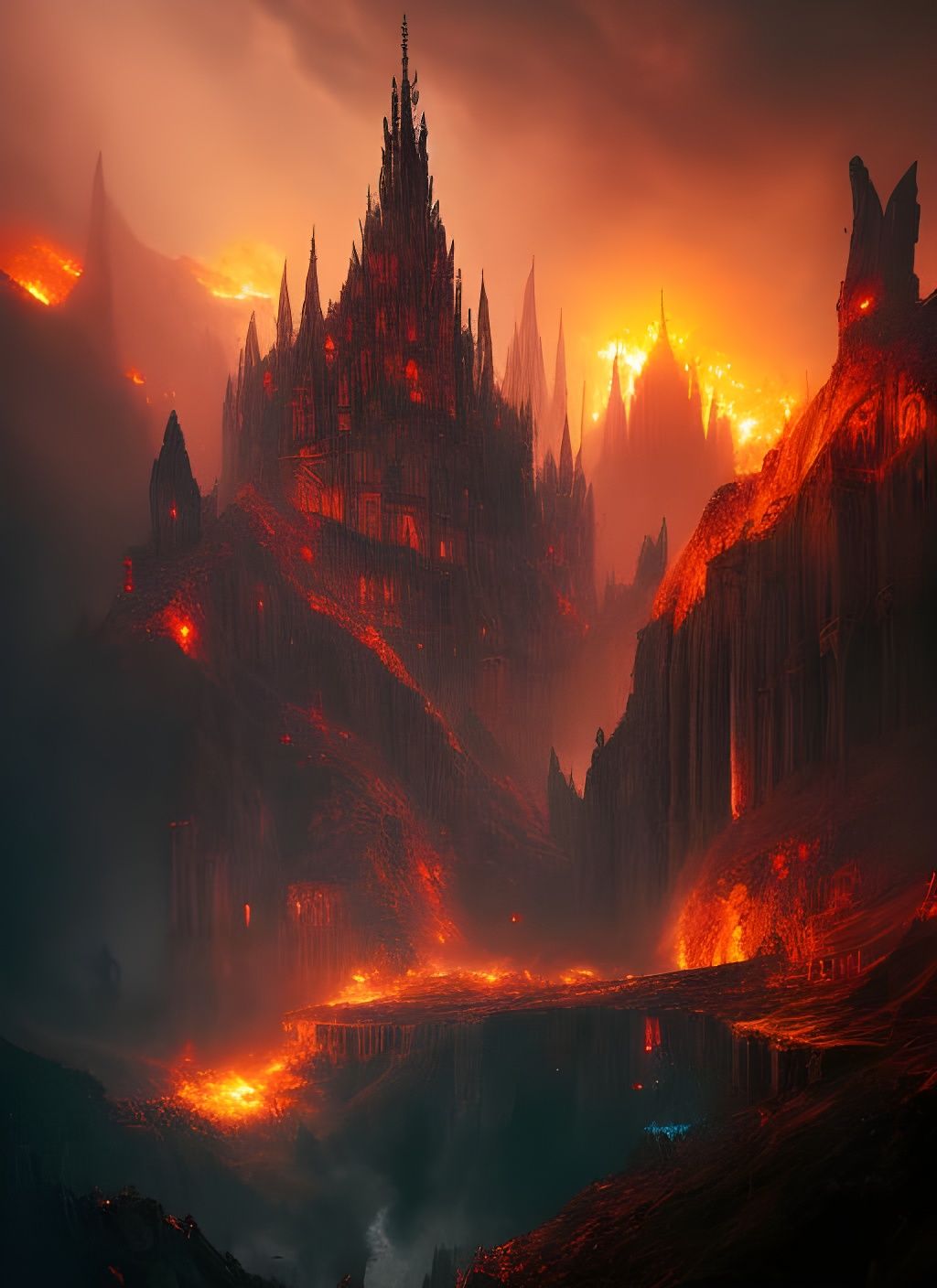 Gothic Castle Ablaze on Lava Mountain