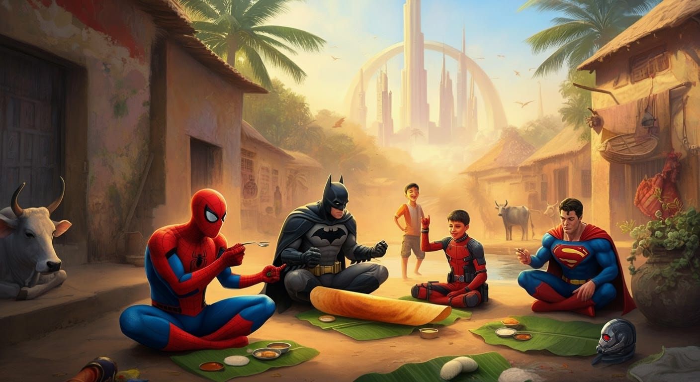 Marvel Superheroes Enjoying Indian Food, Marvel-Style Illust...