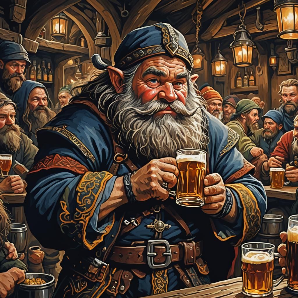 Dwarf Enjoying Beer in Crowded Tavern