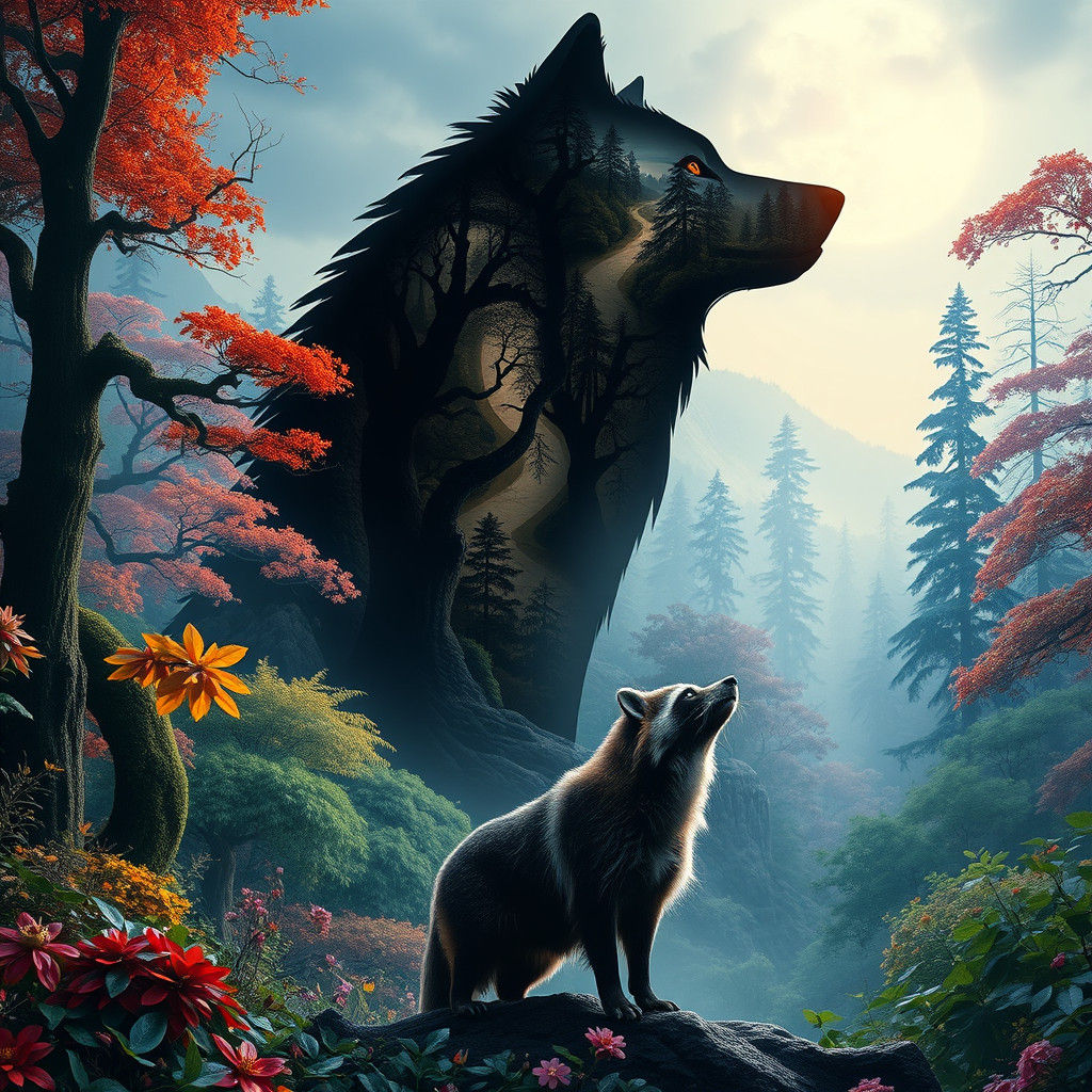 Raccoon Dog in Whimsical Forest with Shadow Wolf