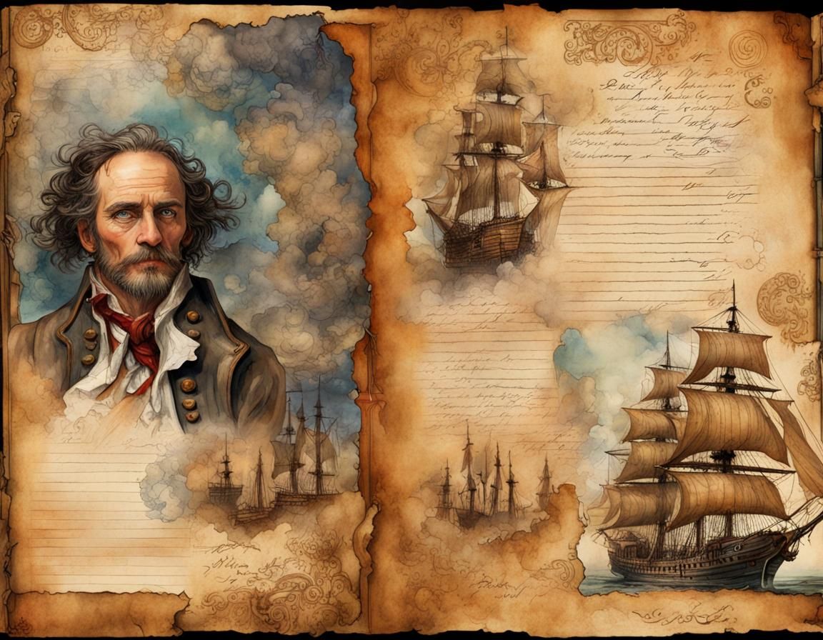 Weathered Pirate Portrait with Old Map in Watercolor Style