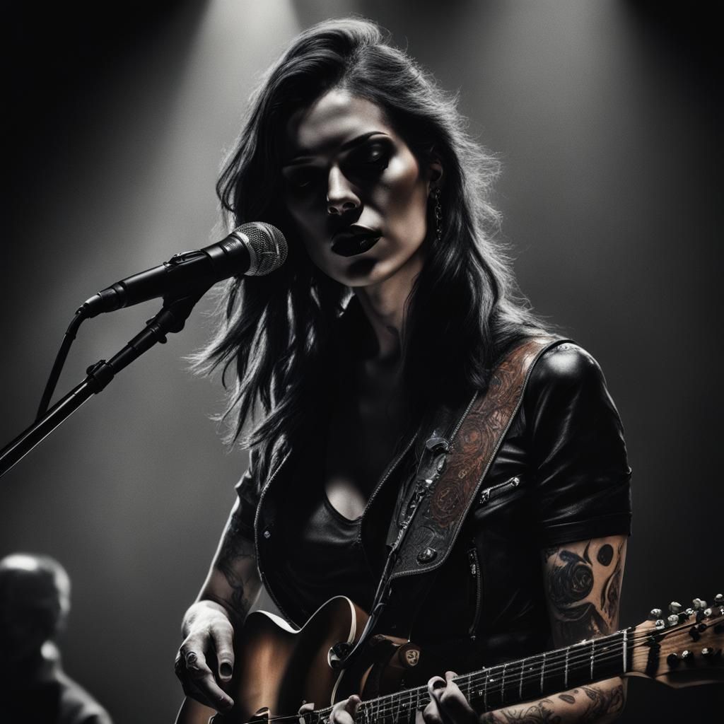 Hyperrealistic Rock Singer on Stage in Dark Lighting