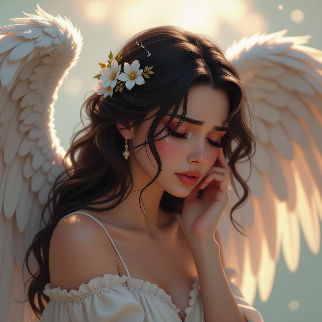 Sad Angel Weeping in Dramatic Portrait