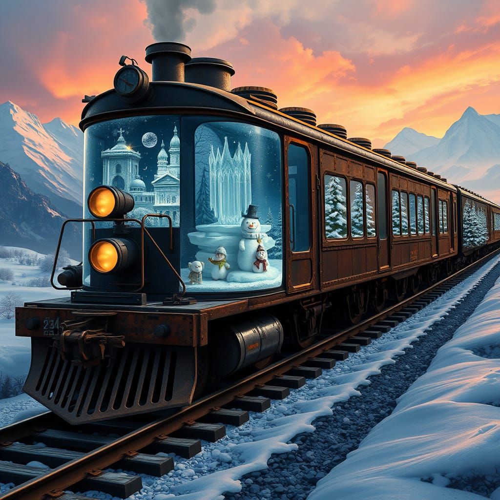Vintage Train Frozen in Time with Winter Wonderland Interior...