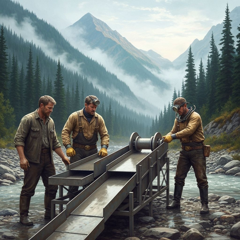 Gold Miners in Rugged Landscape, Atmospheric Art Style