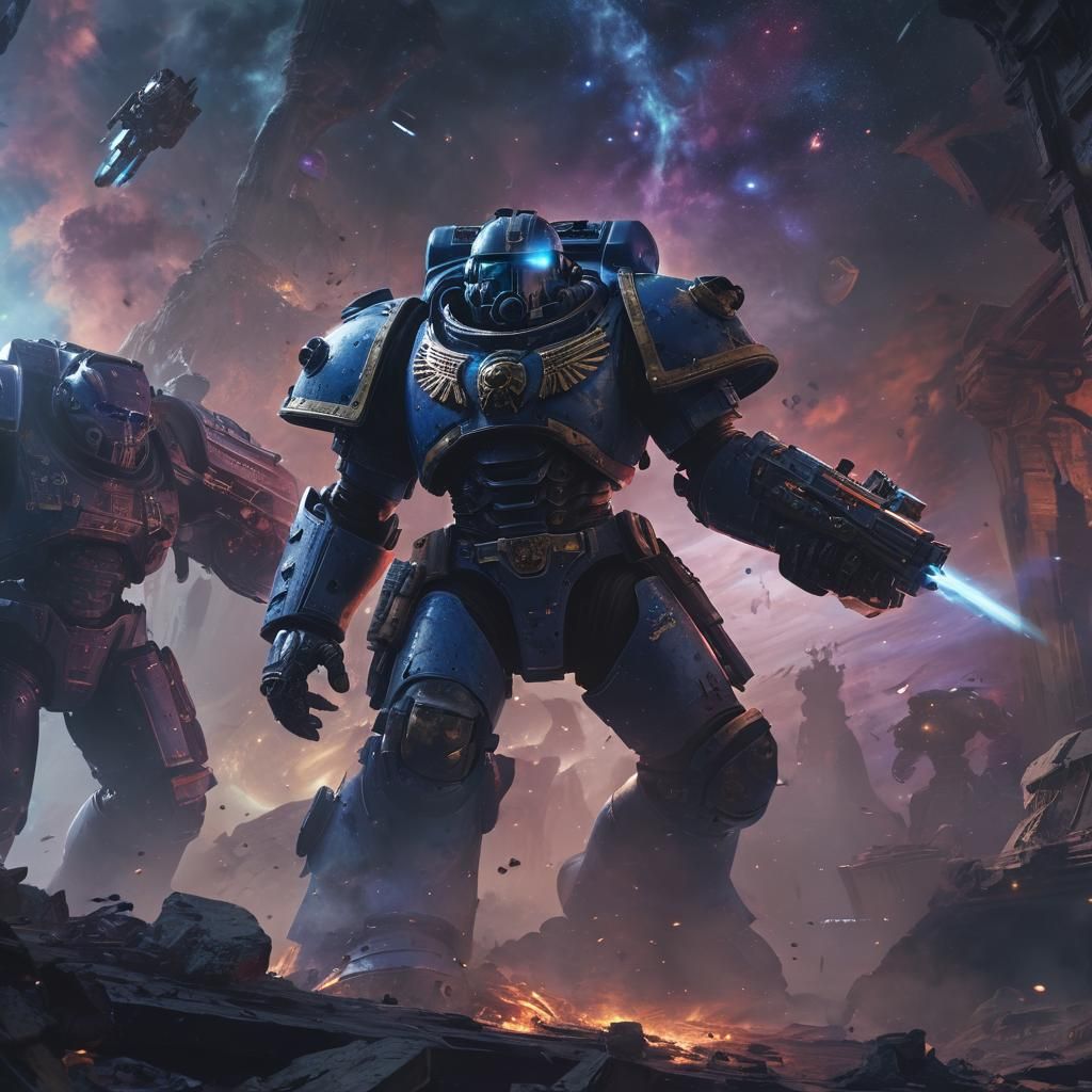 Space Marine Battles Aliens in Cosmic Ruins