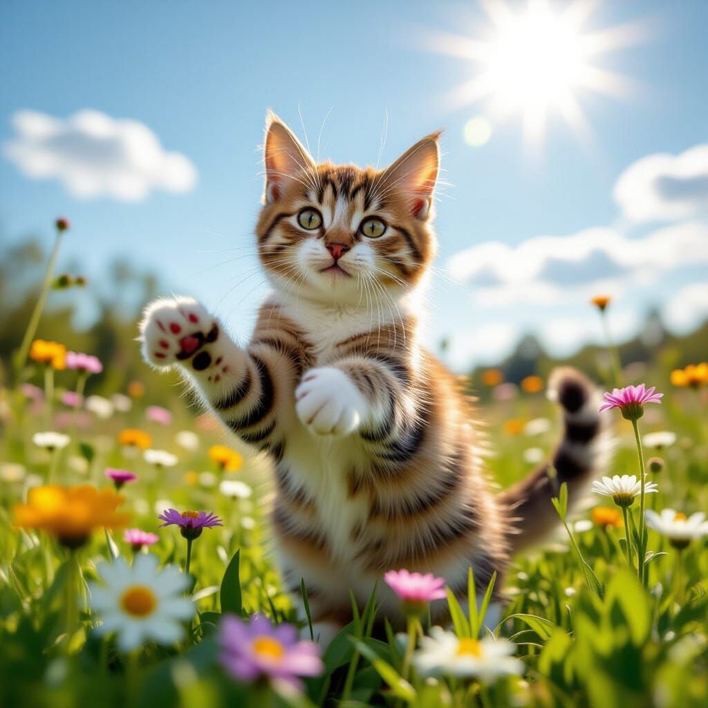 Playful Cat Made of Mice in Flower Field