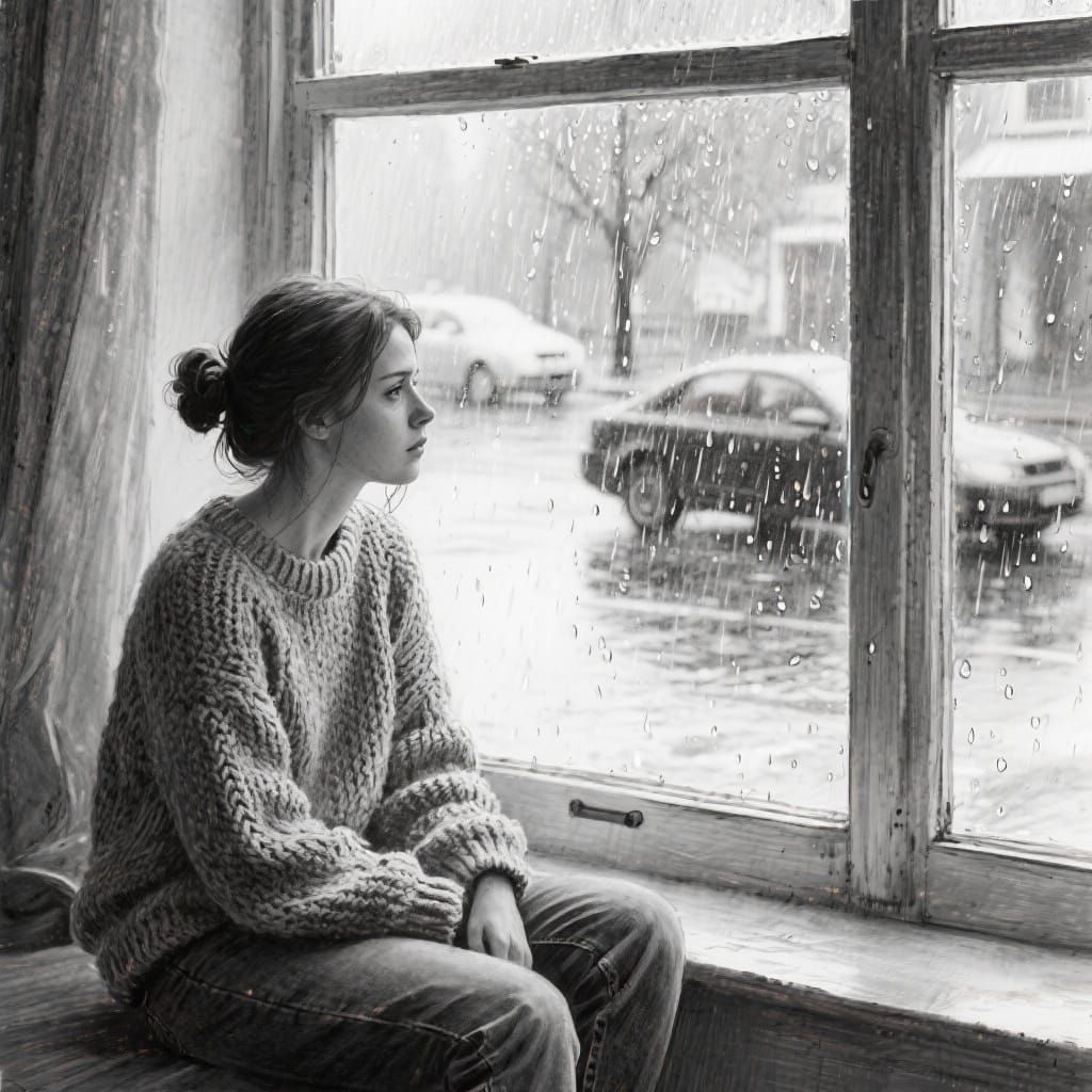 Melancholic Woman by Rainy Window in Pencil Sketch Style
