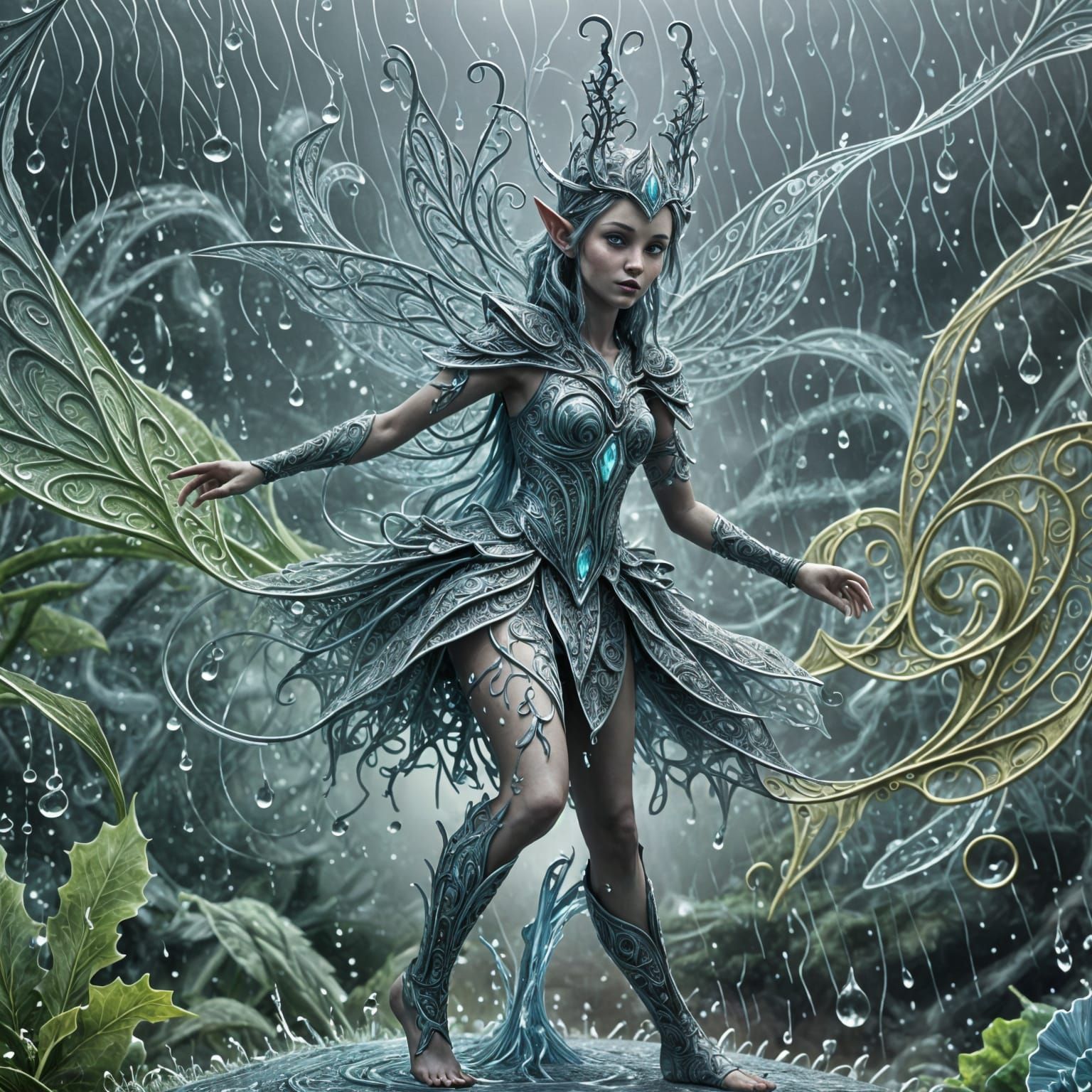 Elf's Joyful Dance in Rainy Fantasy World