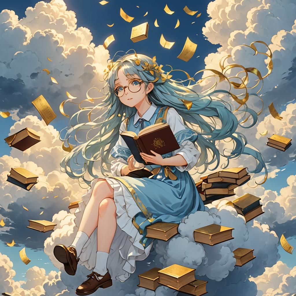 Anime Girl with Books on Clouds