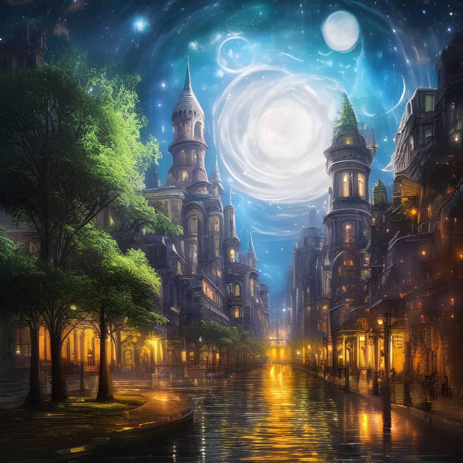 Magical Floating City Under Starry Night Sky