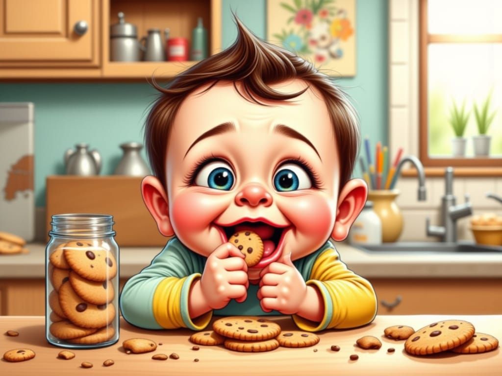 Cartoon Baby Stealing Cookies with Goofy Expression