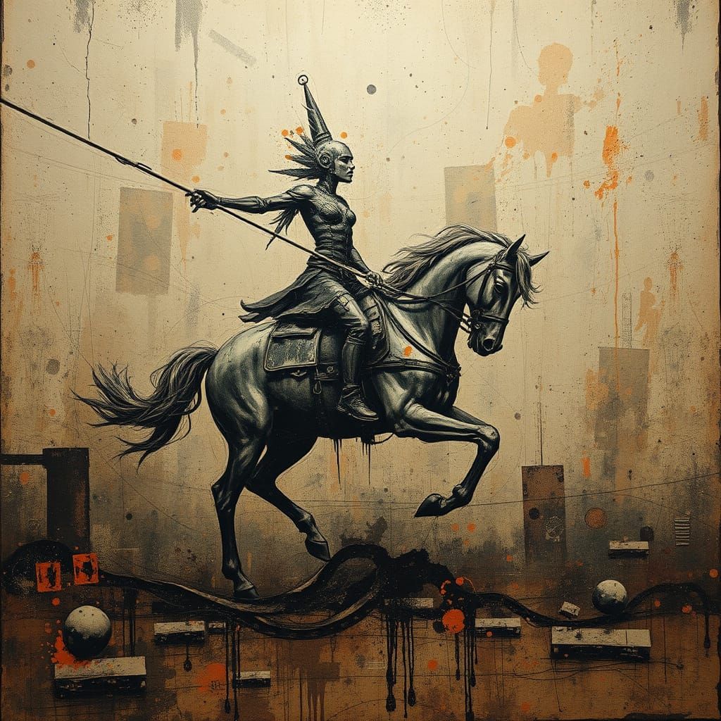 Apocalyptic Horse Rider in Distressed Encaustic Style