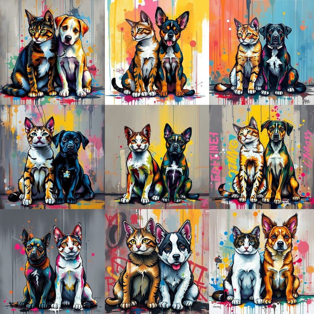 Vibrant Street Art Depiction of Feline Canine Harmony