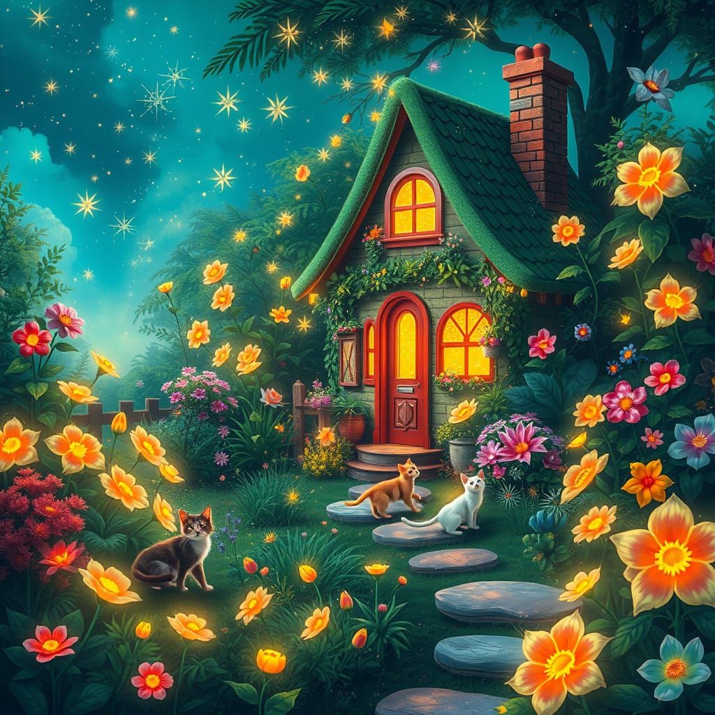 Bioluminescent Cottage Garden with Cats, Astral Style