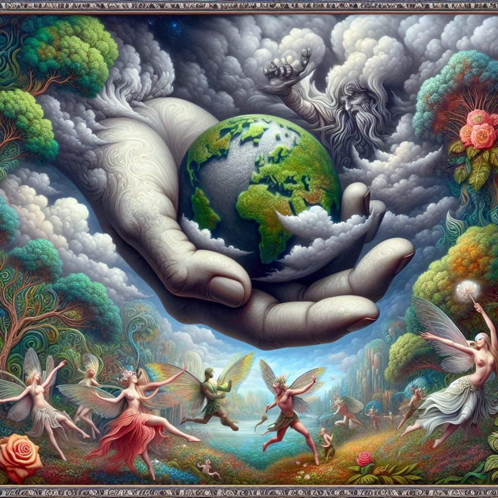 a hand comes forth from heaven holding a shadow lands. a foot kicks the earth, the earth far out into space.