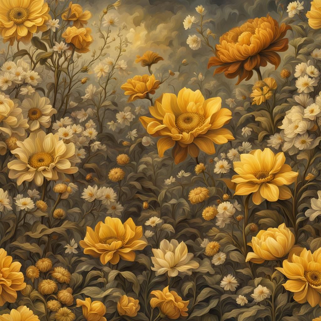 Yellow Flowers in an Intricate, Old Painting Style
