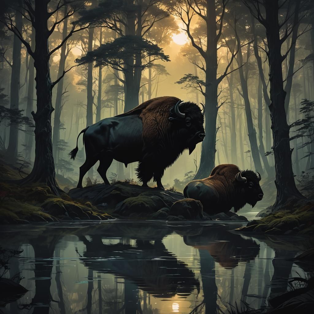Double Exposure Bison Silhouette in Dark Fantasy Forest
