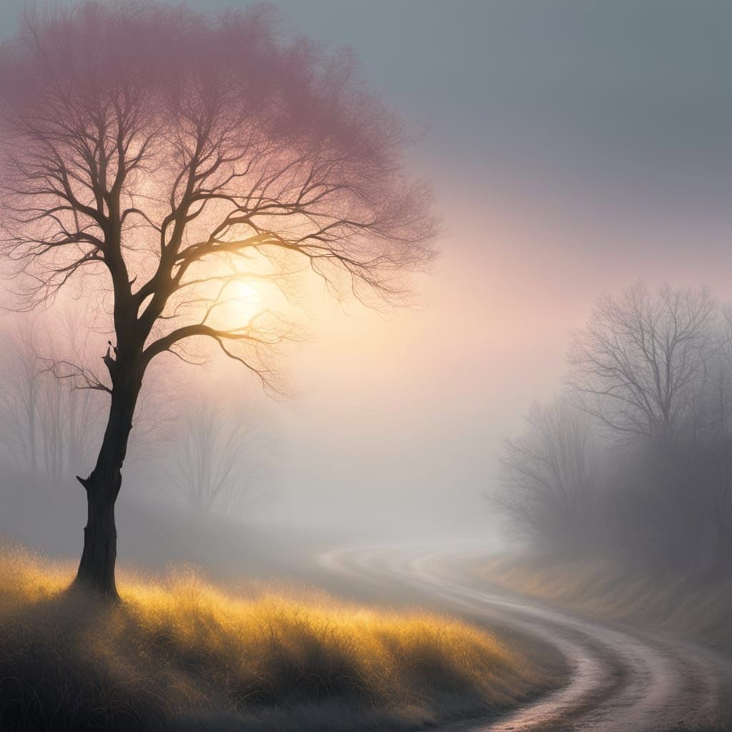 Solitary Tree in Silvery Mist at Dawn