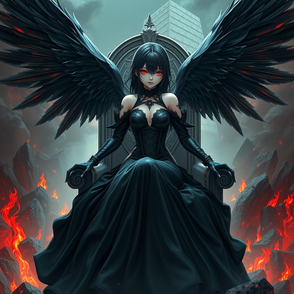 Black Angel on Brimstone Throne: 3D Anime Art