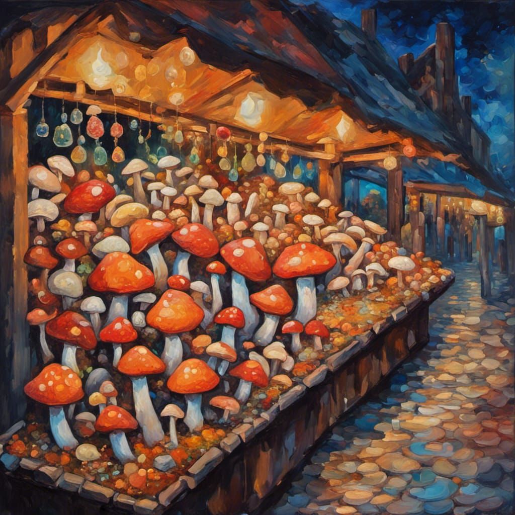 Glowing Mushroom Market at Night: Expressionist Oil Painting