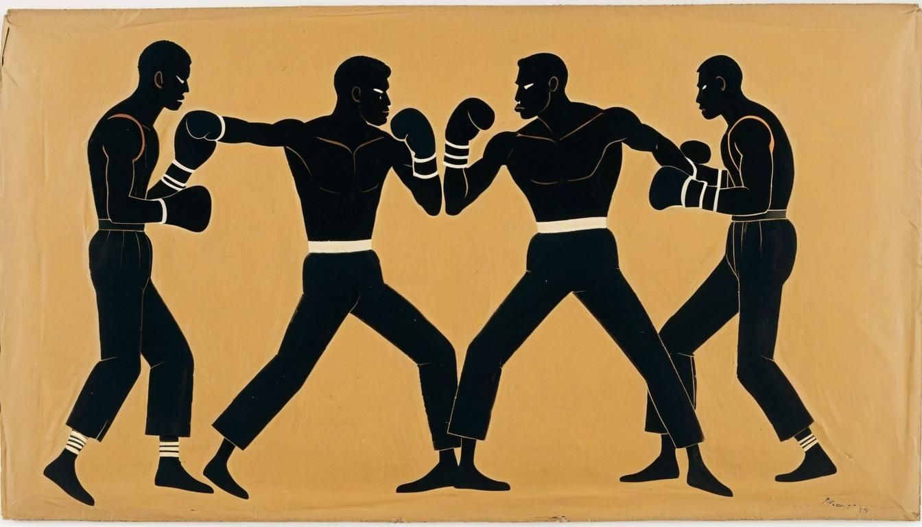 Men Boxing: Folk Art Gouache on Cardboard