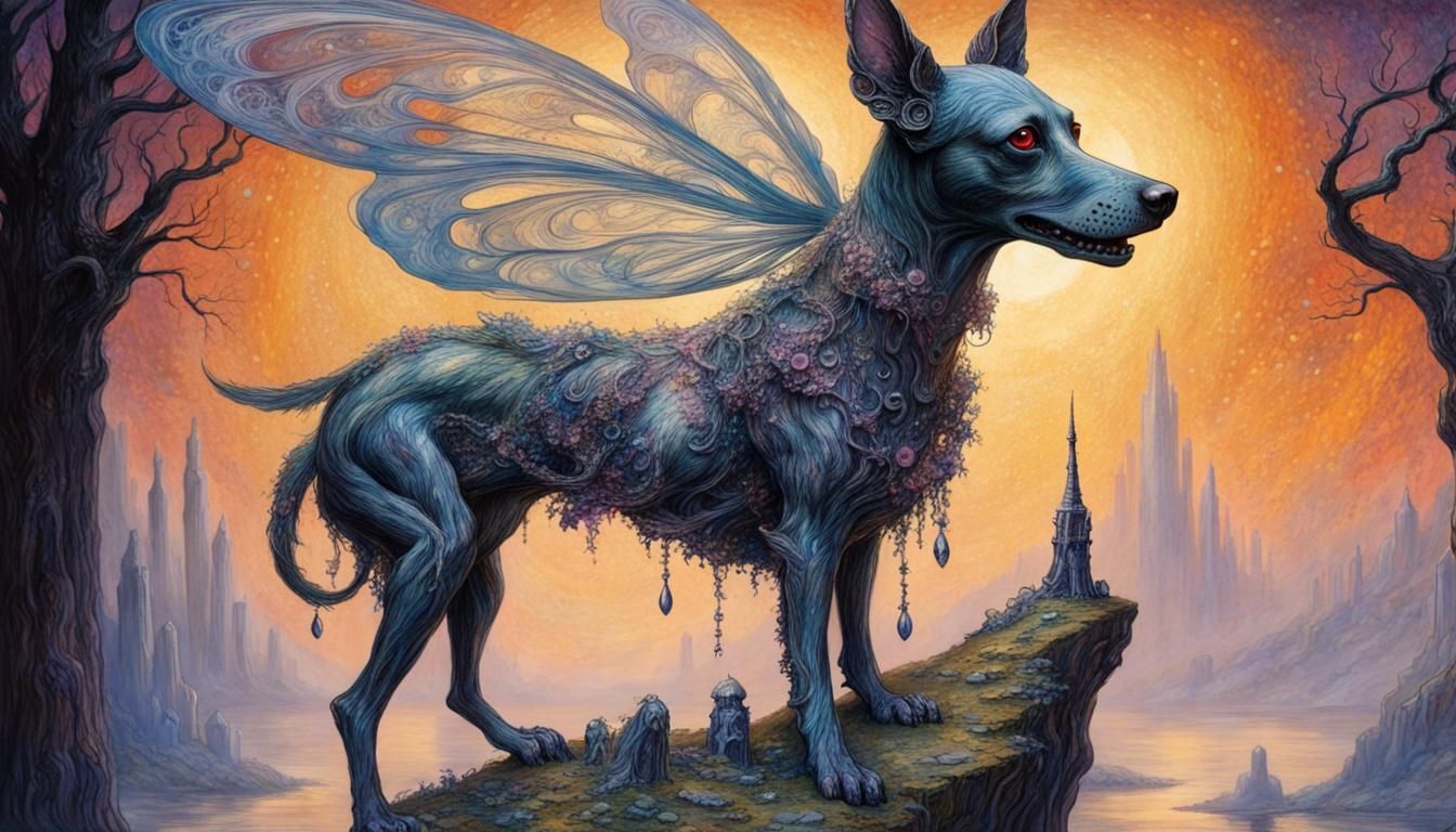 Gothic Horror Glass Fairy Dog Statue